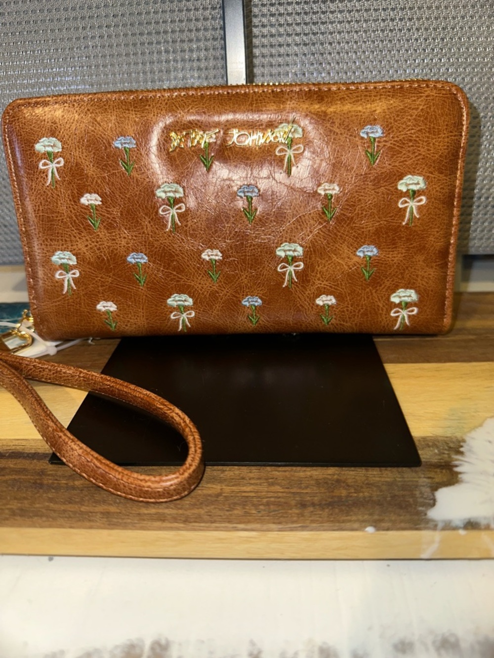 Betsy Johnson Brown Embroidered Floral Wristlet